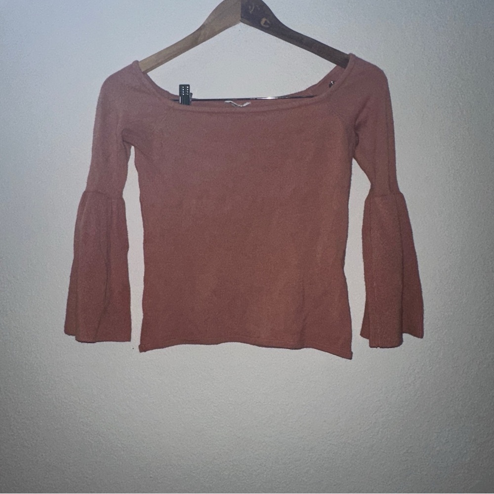 Guess Pink Fitted Ribbed Bell Sleeve Top